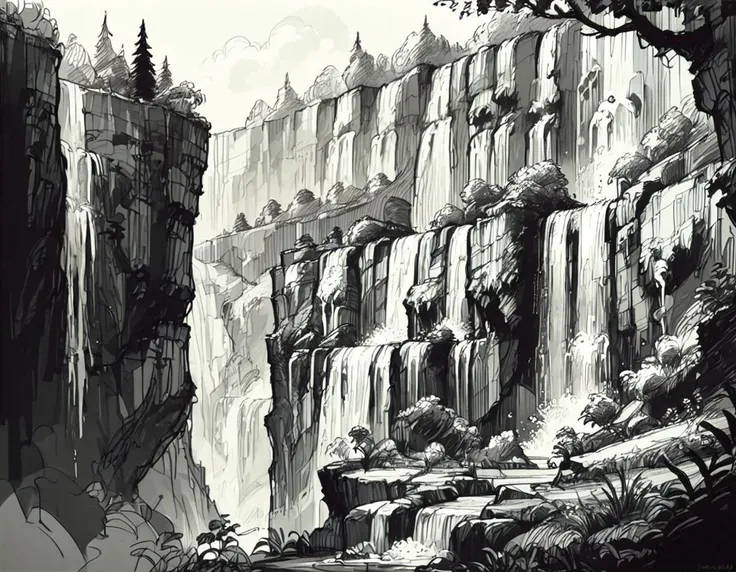 score_9, score_8_up, score_7_up,  <lora:Messy Sketch Style:1>,cliffside with waterfall and medow, monochrome