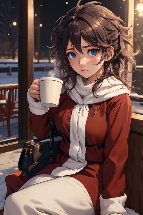 <lora:snow_slider_v1:2> <lora:christmas_slider_v1:2> ,1 girl, dark bag under eyes, close up shot, sitting, drinking coffee, porch, annoyed face, sleepy, (messy hair:1)