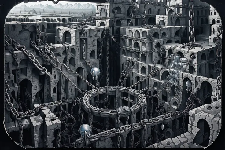 there is a picture of a very large building with chains around it