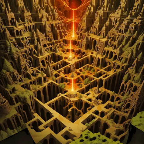 a close up of a 3d drawing of a maze with a fire