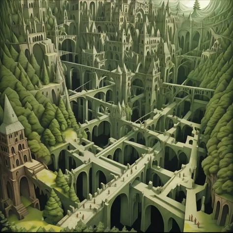 there is a painting of a city made of green trees