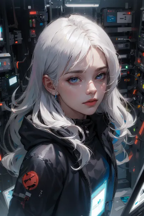 (absurdres, highres, ultra detailed), 1woman, mature female, aged up, wavy long hair, white hair, black eyes, bangs, long sleeve...