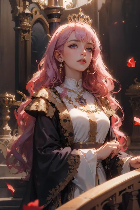 a woman with pink hair and a crown standing in front of a staircase