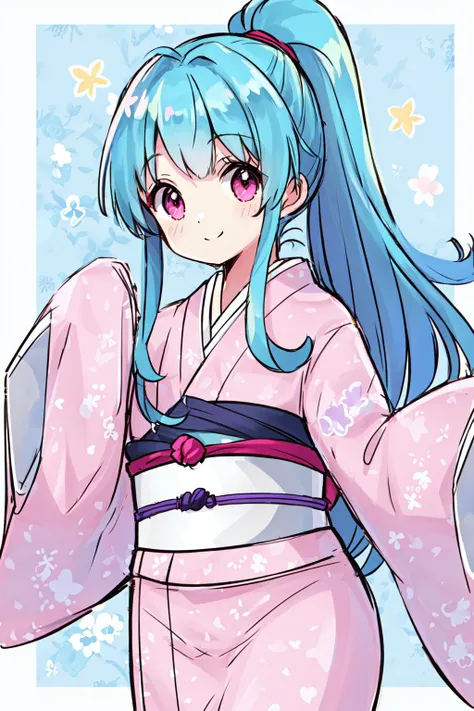 1girl, solo, 1girl,pink kimono,japanese clothes,sleeves past wrists, smile, dynamic angle, masterpiece, best quality, colorful,  <lora:botan:0.7>