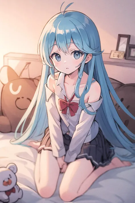 anime girl with blue hair sitting on bed with stuffed animals