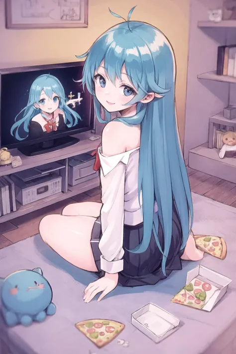 masterpiece, best quality,1girl, (kbxll:0.6), touwa erio, sitting on floor, watching television, tv turned on,   from back,  pizza box,  blue hair,  white school uniform, messy room, clutter, stuffed toy,  red lips, smile
<lora:erio:1>