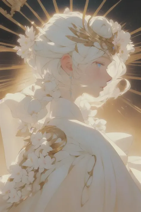 The perfect masterpiece,Highest quality,Perfect artwork,8K,
upper part of the body,Profile close-up,
(Clear eyes:1.3),(Detailed eyes:1.3),flower,sky,whitek,clouble,(by Moto Hagio:1.3),(best artwork by Agnes Lawrence Pelton:1.3),