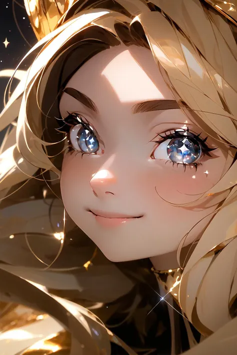 (masterpiece, best quality),best lighting,1girl, chibi style,cute,long hairs,bangs,beautiful and delicate face,beautiful and delicate eyes,big eyes,t-shirt,close up,smile,upper body, sparkle,starry sky,clear background,fantasy,(bright theme:1.2)