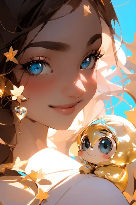 (masterpiece, best quality),best lighting,1girl, chibi style,cute,long hairs,bangs,beautiful and delicate face,beautiful and delicate eyes,big eyes,t-shirt,close up,smile,upper body, clear background,fantasy,(bright theme:1.2)