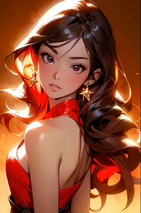 masterpiece, top quality, best quality, 1girl, solo, long hair, jewelry, earrings, simple background, looking at viewer, hanfu, red eyes, upper body, black hair, bangs, hair ornament, from side, light particles, bare shoulders, sparkle, breasts, dress, sta...