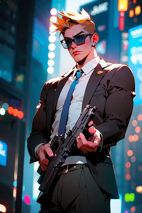 (masterpiece:1.3), (best quality:1.3), 1boy, Take a pistol, wearing a suit and tie, with sunglasses, blonde hair, city background, glowing, light particles, sparkle,