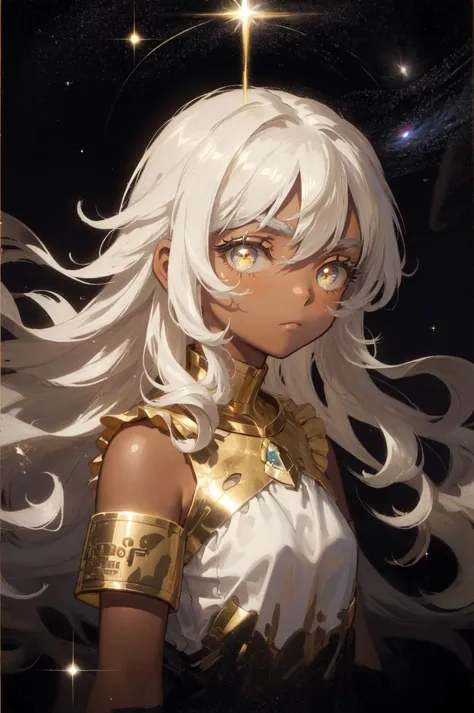 a woman with long white hair and gold armor standing in front of a star