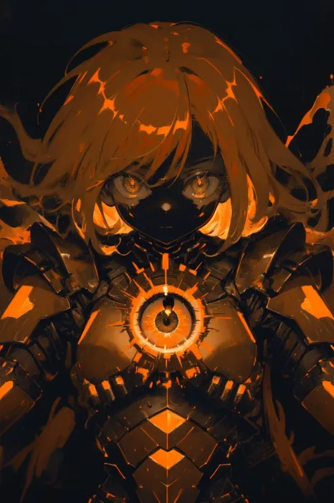 (masterpiece:1.1), (highest quality:1.1), (HDR:1.0), (1girl), blonde hair, (armor, metal, powerful, abstract:1.2), (orange theme:1.5), detailed eyes, ready eyes, looking at viewer, electric eyes, expressive, desire