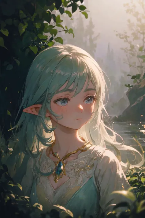 portrait,enchanting beauty,fantasy,ethereal glow,pointed ears,delicate facial features,long elegant hair,nature-themed attire,mystical ambiance,soft lighting,tranquil expression,harmonious with nature,subtle magical elements,serene,intricate jewelry,dreaml...