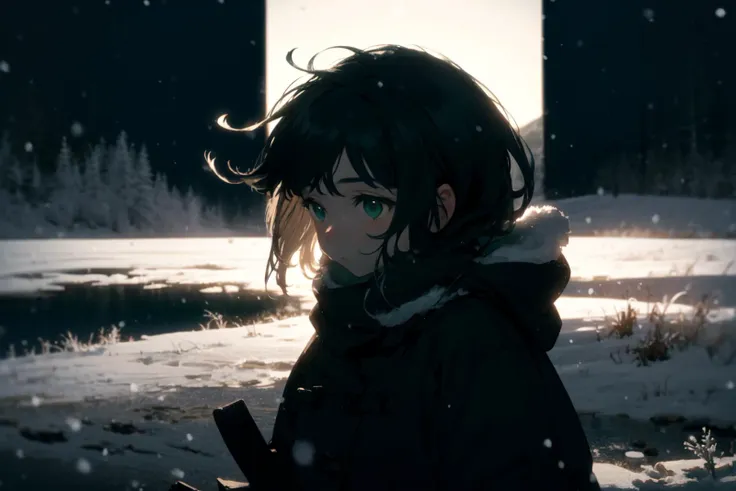 anime girl in winter scene with snow and trees in background