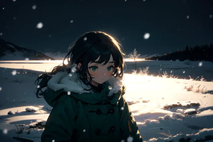 anime girl in a green coat standing in the snow