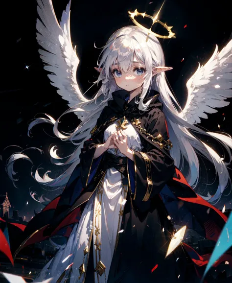 a woman with white hair and wings holding a white ball