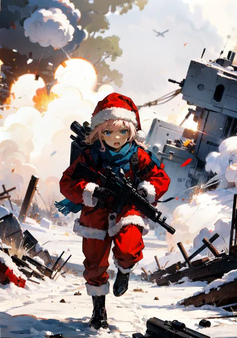 a painting of a woman in a santa suit holding a gun