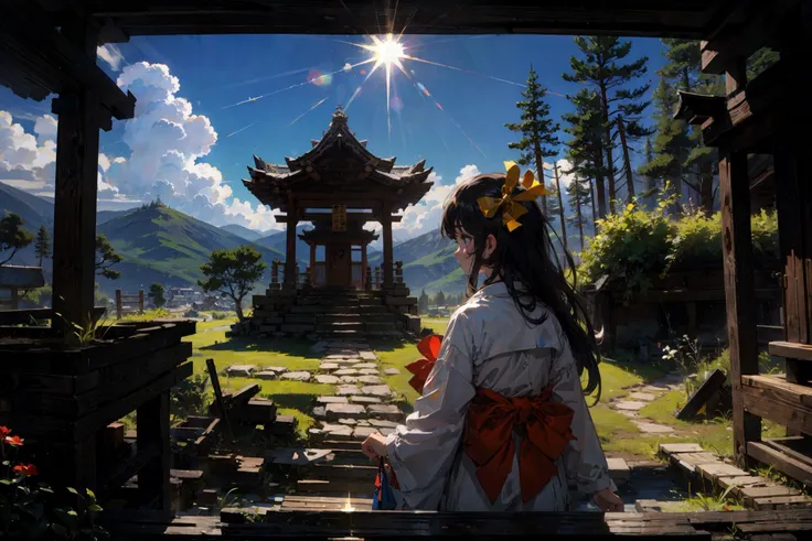 anime girl in traditional dress standing in front of a pagoda