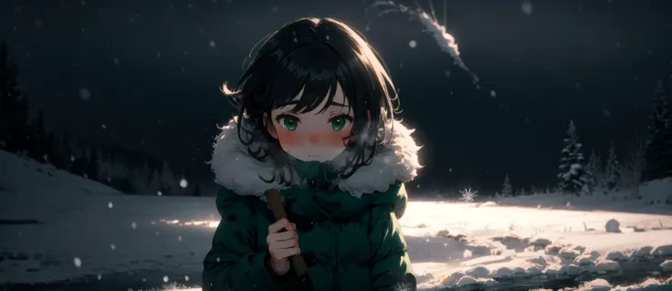 anime girl in green coat holding a stick in snow