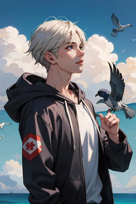 (absurdres, highres, ultra detailed), 1boy, handsome, very short hair, complex pattern, detailed face, best ratio four finger and one thumb, upper body, casual clothes, oversized hood, ocean background, many birds, blue sky full of extremely brilliant clou...