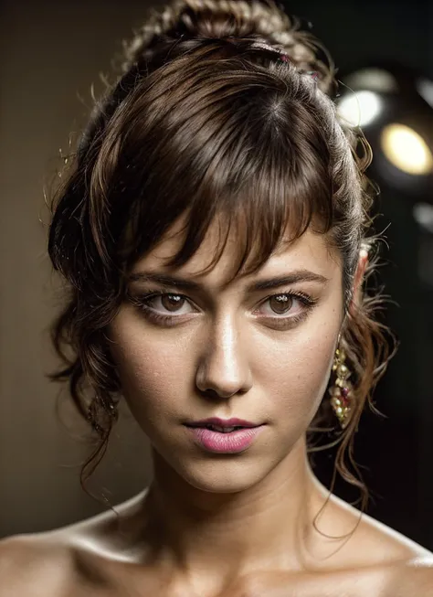 a close up of a woman with a messy bun in her hair