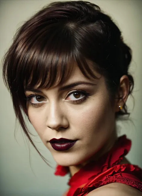 a close up of a woman with a red dress and a red scarf