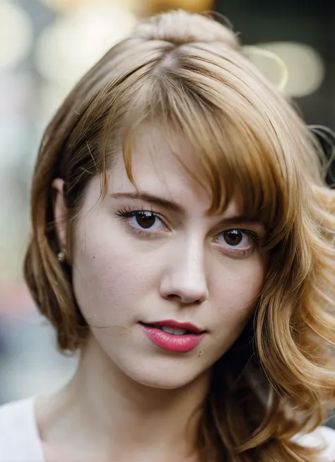 a close up of a woman with a pink lipstick and a white shirt