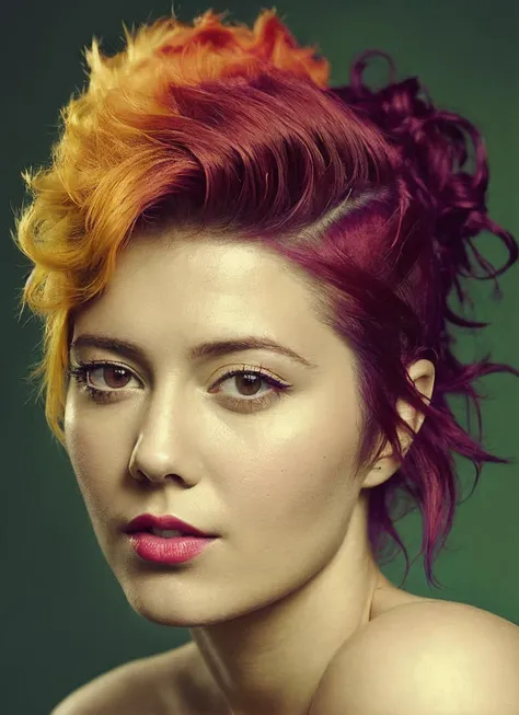 arafed woman with bright red and orange hair and a green background