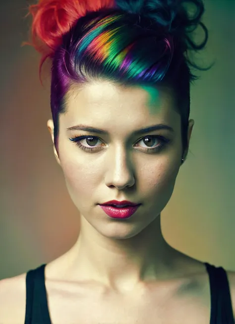 a close up of a woman with a colorful hair and a black top