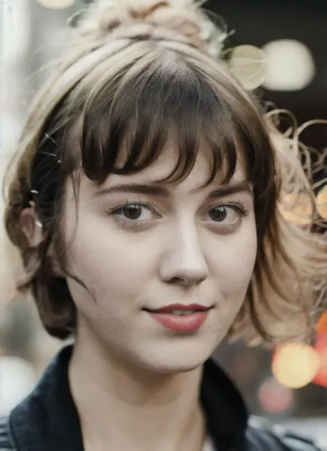 a close up of a woman with a messy bun on her head