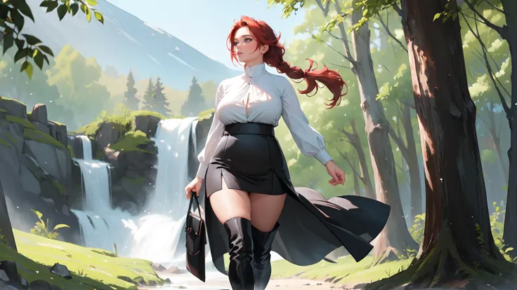 arafed woman in a black skirt and white shirt walking in front of a waterfall