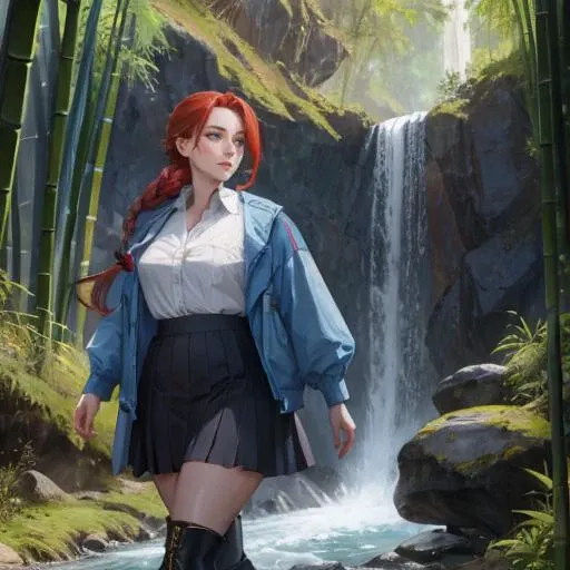 a close up of a woman in a skirt and jacket near a waterfall