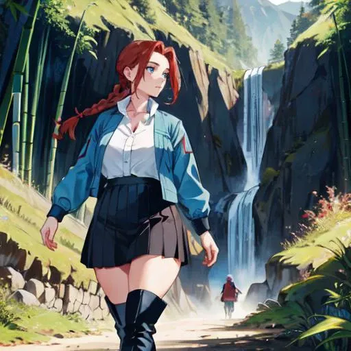 anime girl walking in front of a waterfall in a forest