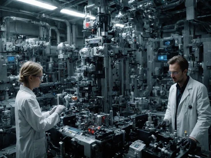 two people in lab coats working on electronics in a factory