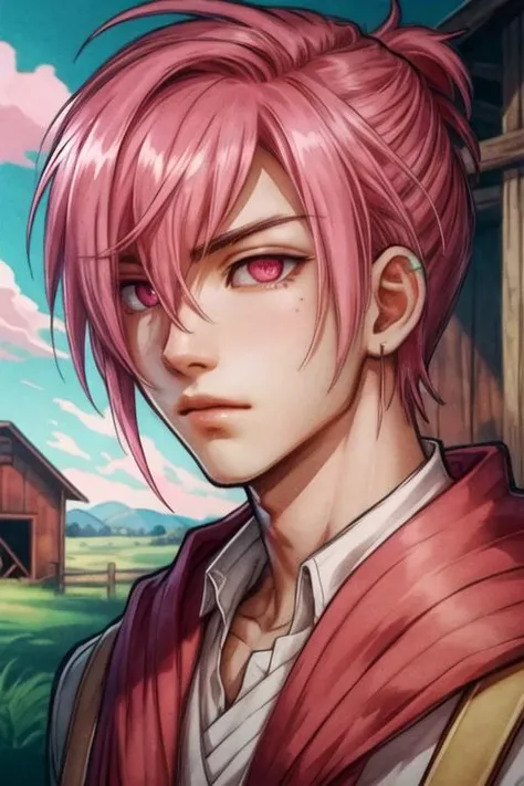 masterpiece, best quality, photorealistic, 1boy, solo, male focus, looking at viewer, upper body, , , , <lora:sousuke_mitsuba:0.70>, sousuke_mitsuba, pink hair, pink eyes, , , barn,