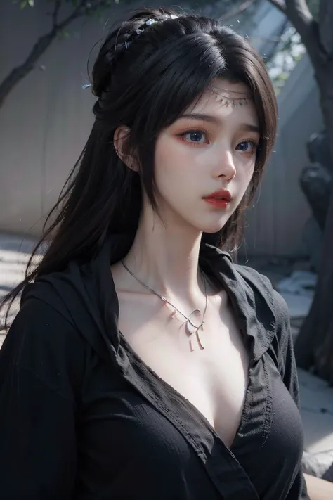 <lora:yunzhi-Y001:0.9>,yunzhi,black robe,1girl,solo,blue eyes,long hair,(frontlet:1.2),(hair accessories:1.2),(headwear_request:1.2),robe,black hair,circlet,upper body,lips,hood,hood down,(necklace:1.3),, best quality , masterpiece, illustration, an extrem...