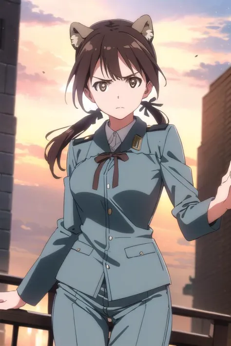 gertrudbarkhorn, <lora:gertrud barkhorn anime-lora-nochekaiser:1>,
gertrud barkhorn, brown hair, ribbon, animal ears, twintails, (brown eyes:1.5), hair ribbon, dog ears, dog girl, frown, angry,
BREAK uniform, military, military uniform,
BREAK outdoors, shi...