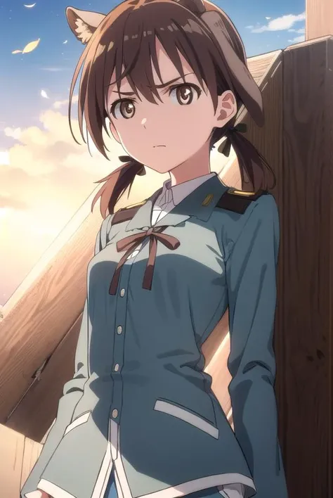 gertrudbarkhorn, <lora:gertrud barkhorn anime-lora-nochekaiser:1>,
gertrud barkhorn, brown hair, ribbon, animal ears, twintails, (brown eyes:1.5), hair ribbon, dog ears, dog girl, frown, angry,
BREAK uniform, military, military uniform,
BREAK outdoors, shi...