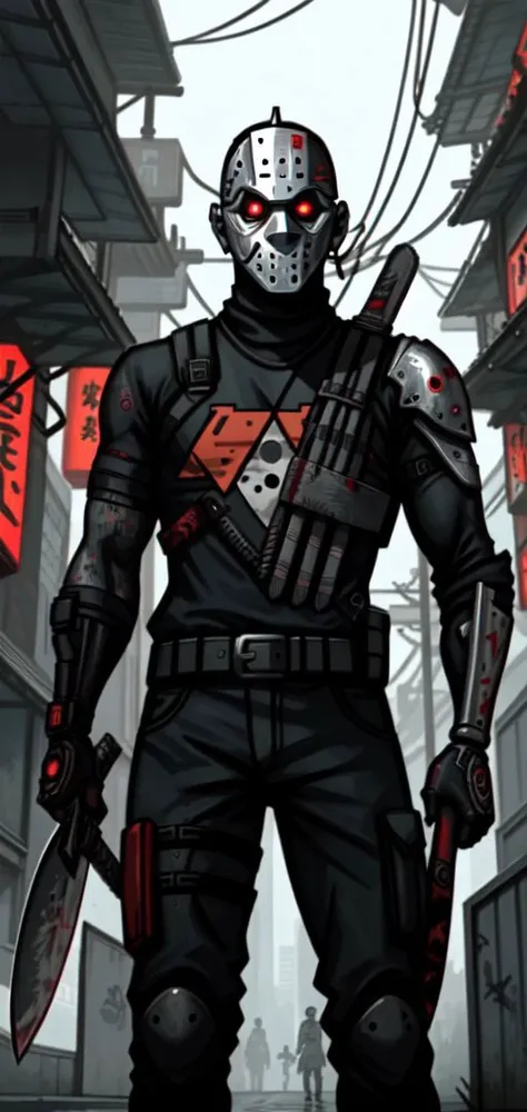 friday the 13th jason holding one machete, stylized cyberpunk, futuristic japan background, cyborg hockeymask