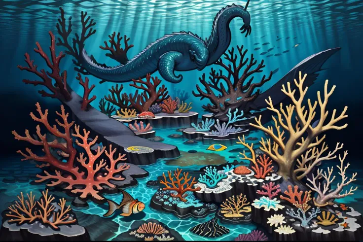 Masterpiece, best quality, ultra-detailed illustration, ethereal, basilisk, a colorful coral reef teeming with marine life