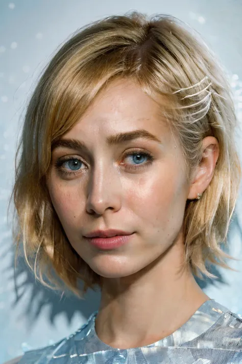 a close up of a woman with a short blond haircut