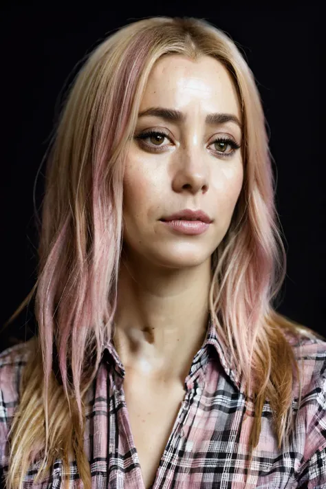 a close up of a woman with pink hair and a plaid shirt