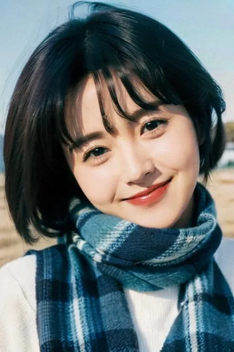 a close up of a woman wearing a scarf and smiling