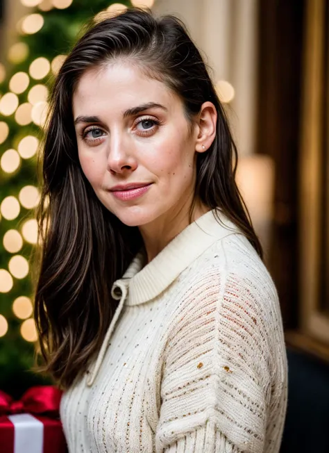 RAW photo of 20 years old alisonbrie-ti, natural lighting, 8k uhd, dslr, high quality, film grain, Fujifilm XT3, <lora:add_detail:0.7>, by Peter Lindbergh, christmas theme, young