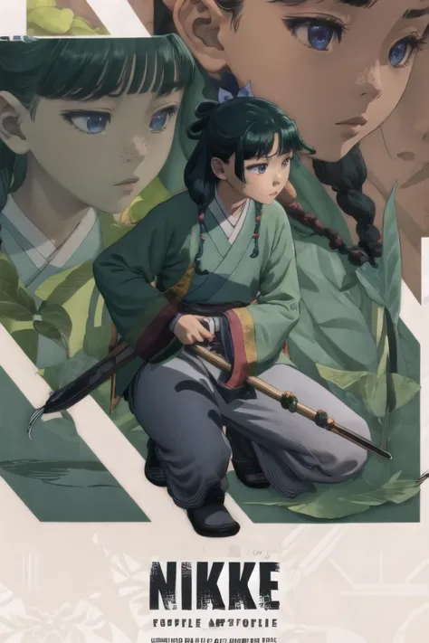 a poster of a girl with a sword and a man with a bird on her shoulder