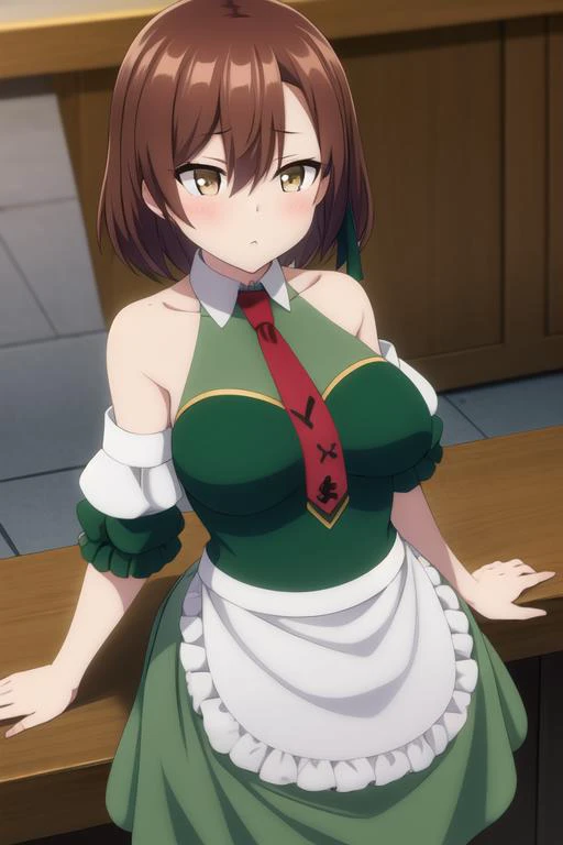 anime girl in green dress with red tie and white apron