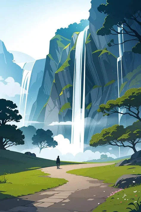 flat vector art,vector illustration, masterpiece,best quality,Minimalism,Photo taken from a distance on the path leading to the waterfall, blossoming path to heaven, Beautiful and mysterious, Beautiful fece, Beautiful images ever created, magical landscape...