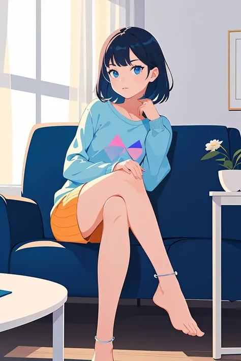 anime girl sitting on a couch with her legs crossed