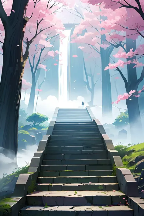 flat vector art,vector illustration, masterpiece,best quality,Minimalism,Photo taken from a distance on the path leading to the waterfall, blossoming path to heaven, Beautiful and mysterious, Beautiful fece, Beautiful images ever created, magical landscape...